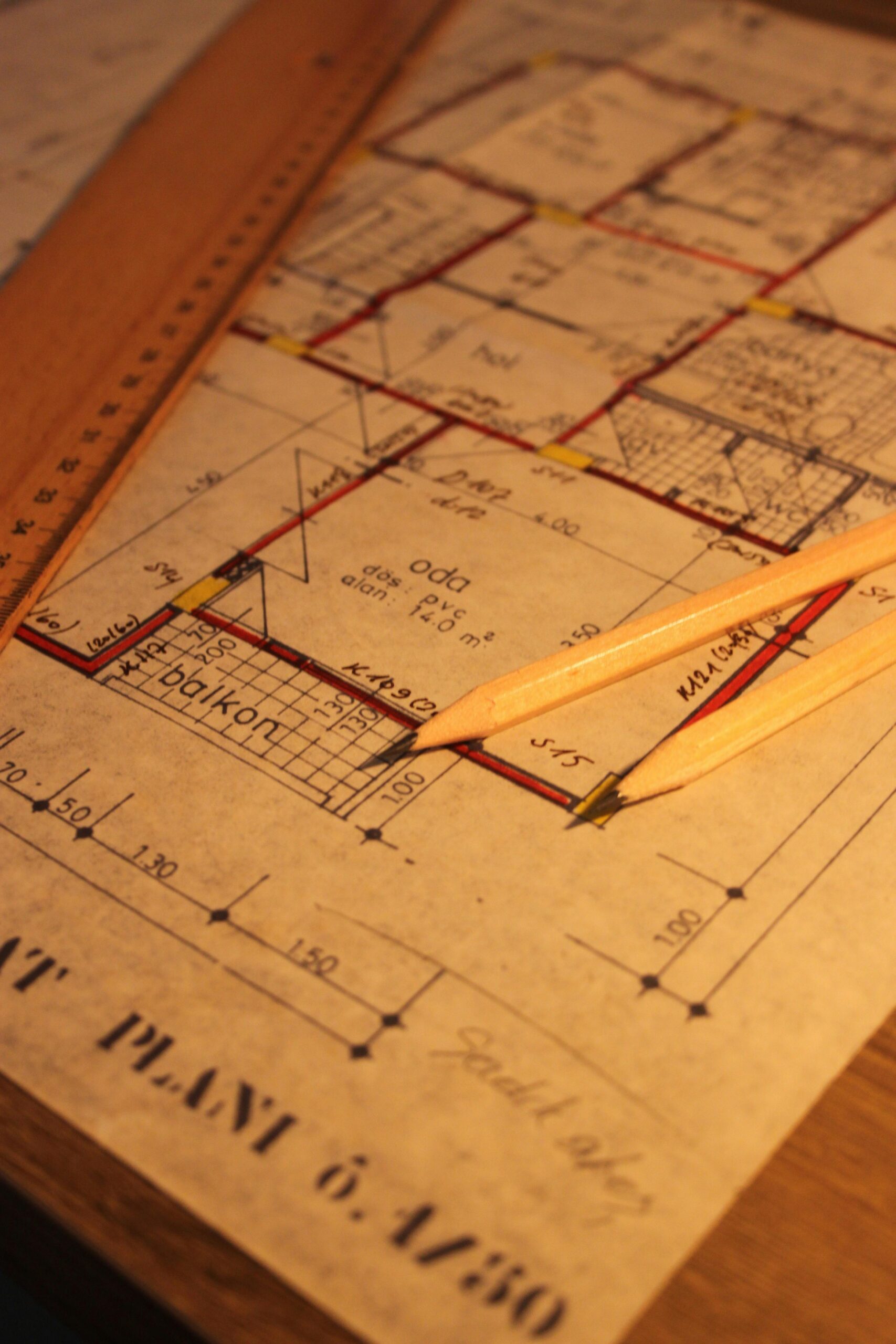 Close-up of architectural floor plan with pencil and ruler, ideal for design concepts.
