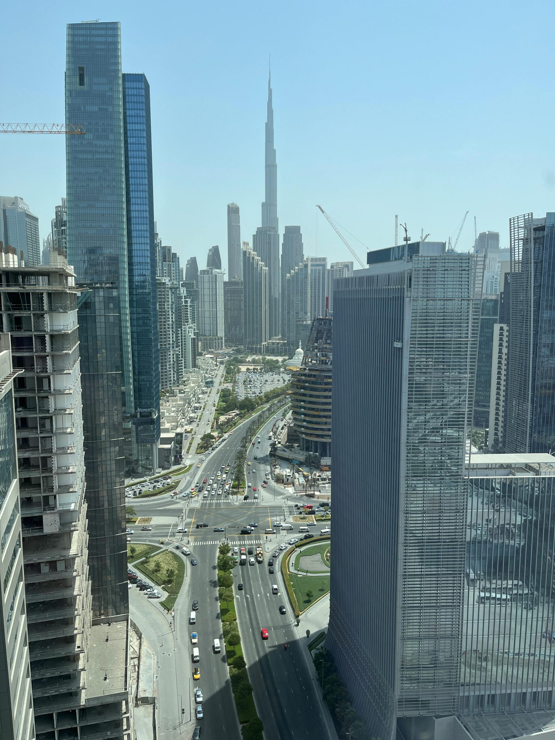A breathtaking aerial view of Dubai's iconic skyline with the Burj Khalifa at the center.